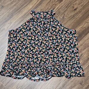 CeCe Black Floral Halter Blouse With Peplum, Size Small
